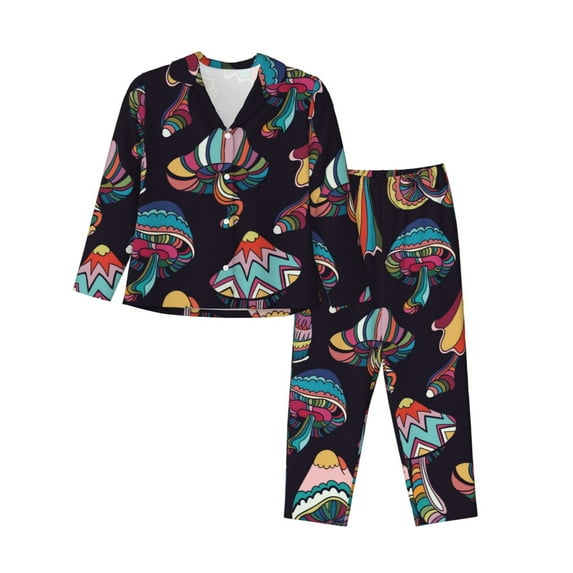 Disketp Pajamas Set Long Sleeve Sleepwear Womens Button Down Nightwear Pj Sets-Colorful Mushrooms