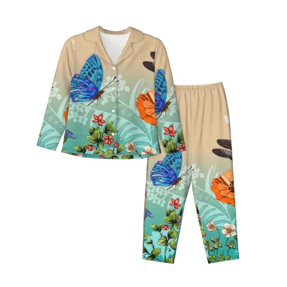 Disketp Pajamas Set Long Sleeve Sleepwear Womens Button Down Nightwear Pj Sets-Colorful Plants And Insects