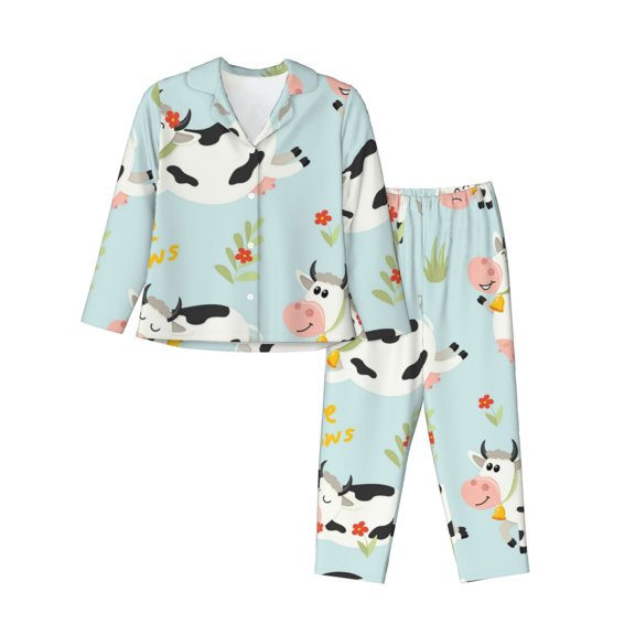 Disketp Pajamas Set Long Sleeve Sleepwear Womens Button Down Nightwear Pj Sets-Cute Cows