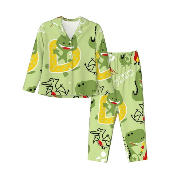 Disketp Pajamas Set Long Sleeve Sleepwear Womens Button Down Nightwear Pj Sets-Cute Dinosaurs Cartoon