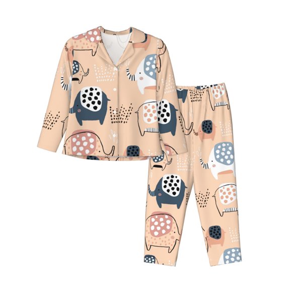 Disketp Pajamas Set Long Sleeve Sleepwear Womens Button Down Nightwear Pj Sets-Cute Ink Drawn Elephants