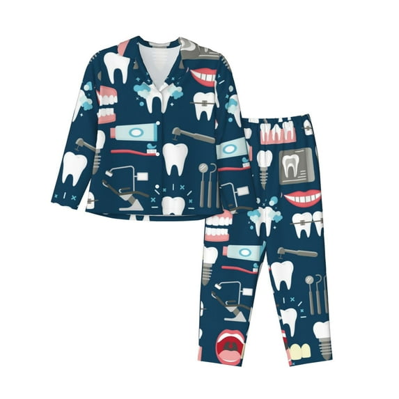 Disketp Pajamas Set Long Sleeve Sleepwear Womens Button Down Nightwear Pj Sets-Dental Seamless