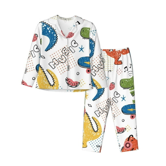 Disketp Pajamas Set Long Sleeve Sleepwear Womens Button Down Nightwear Pj Sets-Dinosaur Listening To Music