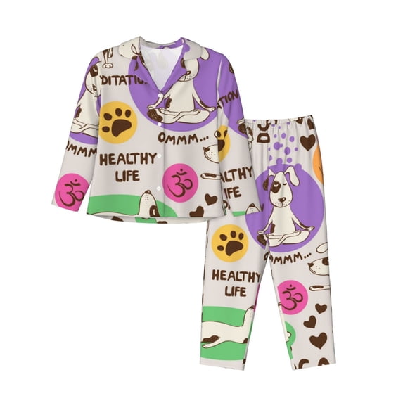 Disketp Pajamas Set Long Sleeve Sleepwear Womens Button Down Nightwear Pj Sets-Dog Doing Yoga