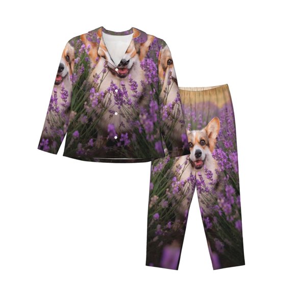 Disketp Pajamas Set Long Sleeve Sleepwear Womens Button Down Nightwear Pj Sets-Dog In Lavender Flowers