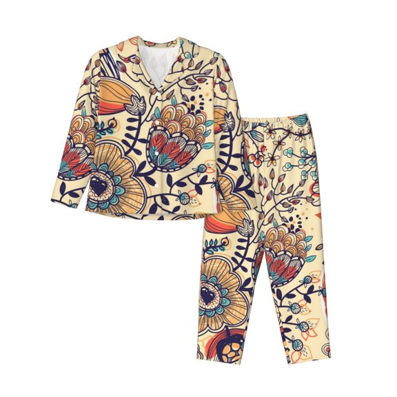 Disketp Pajamas Set Long Sleeve Sleepwear Womens Button Down Nightwear Pj Sets-Floral With Birds