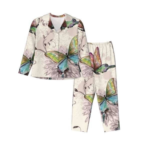 Disketp Pajamas Set Long Sleeve Sleepwear Womens Button Down Nightwear Pj Sets-Flying Butterflies