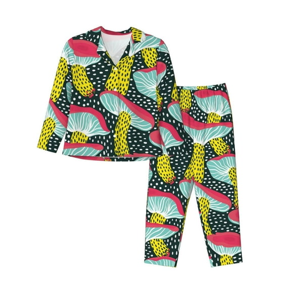 Disketp Pajamas Set Long Sleeve Sleepwear Womens Button Down Nightwear Pj Sets-Green Mushroom