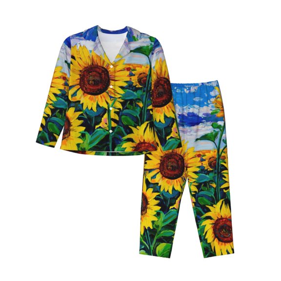 Disketp Pajamas Set Long Sleeve Sleepwear Womens Button Down Nightwear Pj Sets-Landscape With Sunflowers