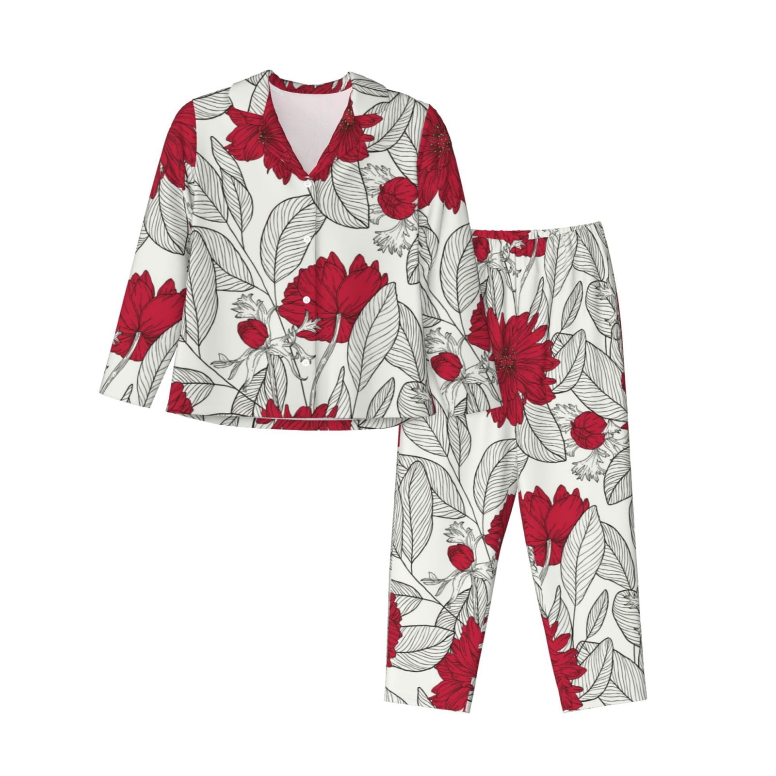 Disketp Pajamas Set Long Sleeve Sleepwear Womens Button Down Nightwear ...