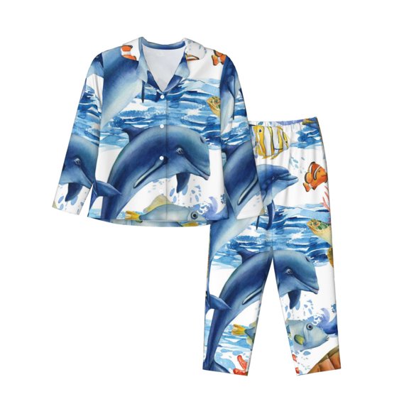 Disketp Pajamas Set Long Sleeve Sleepwear Womens Button Down Nightwear Pj Sets-Marine Animals