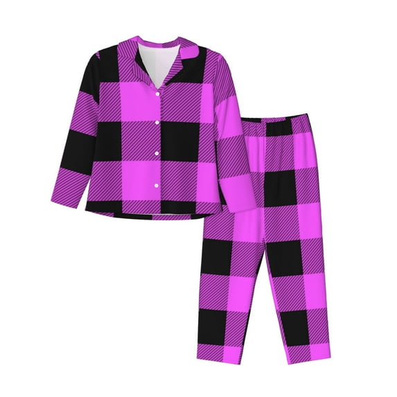 Disketp Pajamas Set Long Sleeve Sleepwear Womens Button Down Nightwear Pj Sets-Purple Black Buffalo Plaid