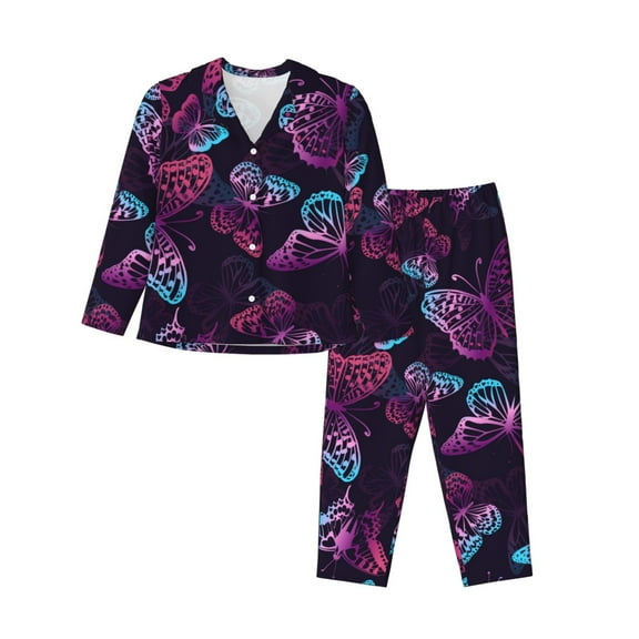 Disketp Pajamas Set Long Sleeve Sleepwear Womens Button Down Nightwear Pj Sets-Purple Butterfly