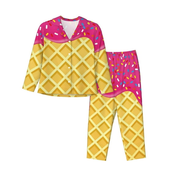 Disketp Pajamas Set Long Sleeve Sleepwear Womens Button Down Nightwear Pj Sets-Red Ice Cream