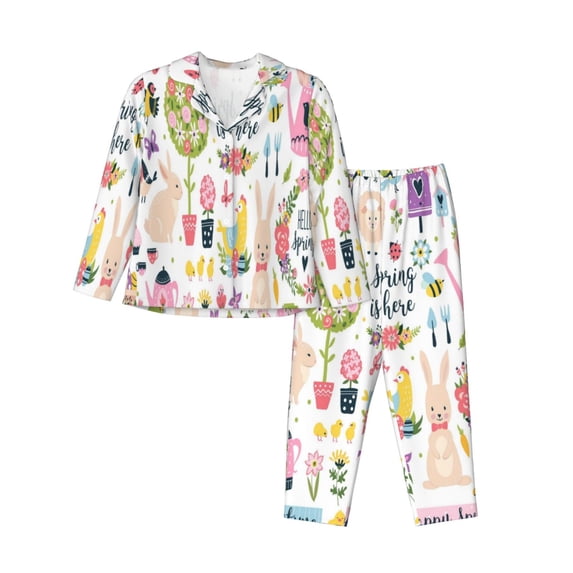 Disketp Pajamas Set Long Sleeve Sleepwear Womens Button Down Nightwear Pj Sets-Spring Hand Drawn Flowers Birds