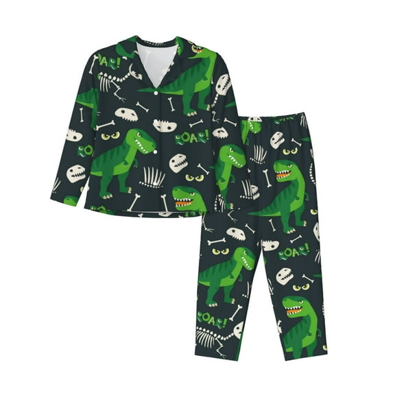Disketp Pajamas Set Long Sleeve Sleepwear Womens Button Down Nightwear Pj Sets-T Rex And Dinosaur Bone