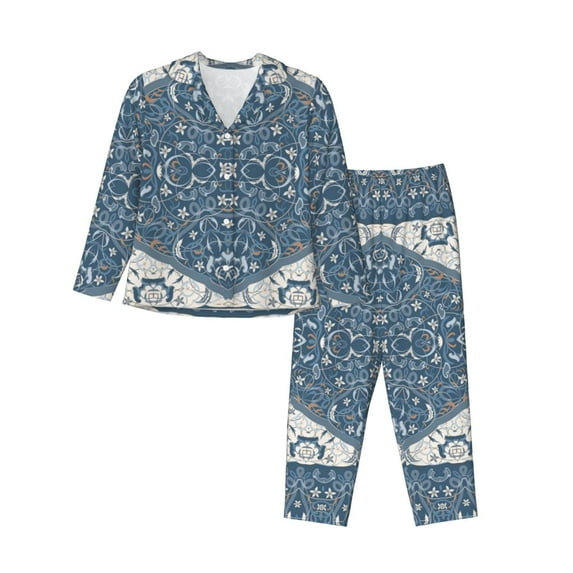 Disketp Pajamas Set Long Sleeve Sleepwear Womens Button Down Nightwear Pj Sets-Vintage Persian Colored Blue