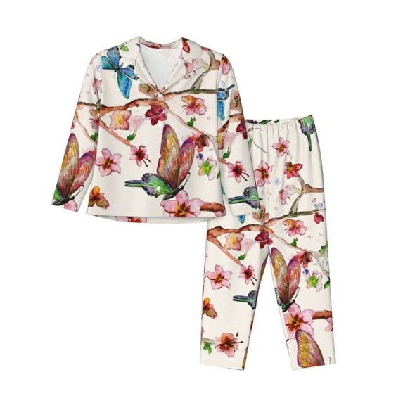 Disketp Pajamas Set Long Sleeve Sleepwear Womens Button Down Nightwear Pj Sets-Watercolor Floral With Butterflies