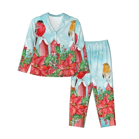 Disketp Pajamas Set Long Sleeve Sleepwear Womens Button Down Nightwear Pj Sets-Winter Birds On The Fence