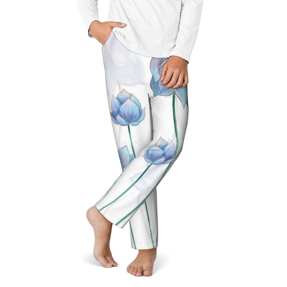 Disketp Pale Blue Lotus Flowers for Teenagers' Pajama Pants ,Lounge Pants Teen joggers Ideal for Home, School, or Sports-Medium