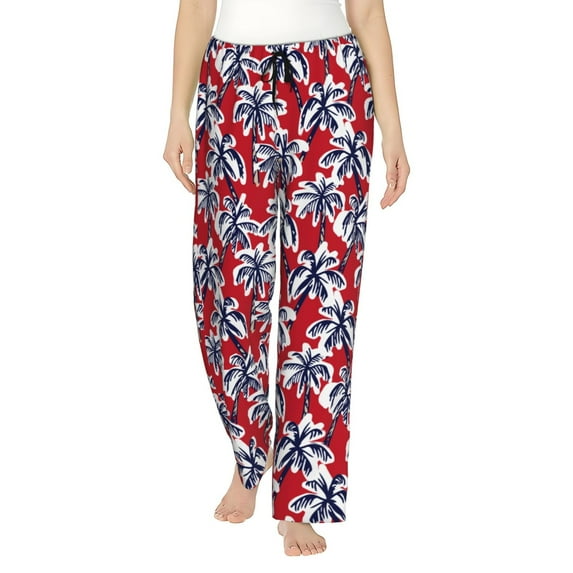Disketp Palm Tree Pattern on Red Print Women's Comfy Pajama Pants Casual Drawstring Palazzo Lounge Wide Leg Pants