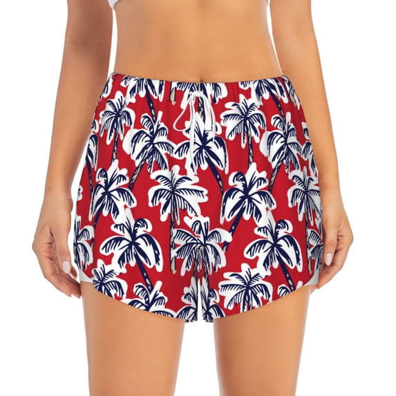 Disketp Palm Tree Pattern on Red Print Women's Shorts Workout Shorts for Athletic Gym Running Shorts with Phone Pockets Large