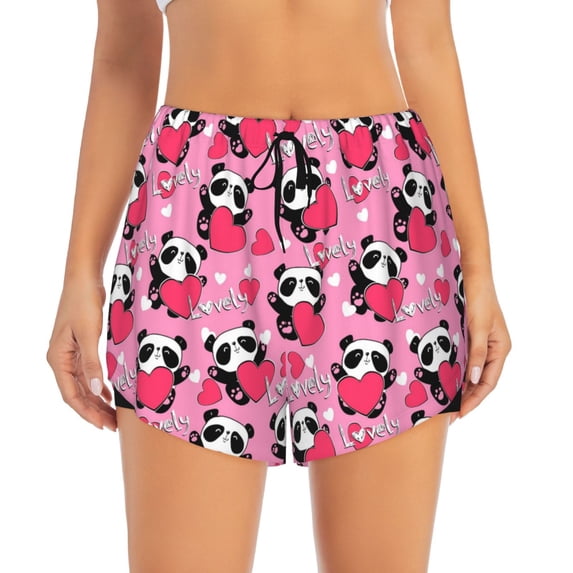 Disketp Panda Heart Valentine Print Women's Shorts Workout Shorts for Athletic Gym Running Shorts with Phone Pockets Medium