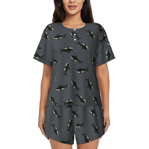 Disketp Party Shark Cute for 2 Piece Shorts Sleepwear Women's Short-Sleeved Pajama Set Round Neck Pjs-X-Large