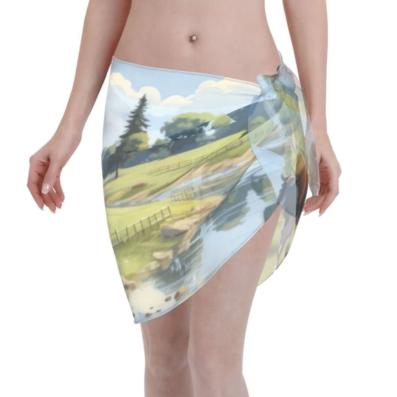 Disketp Pasture Cow Women Swimsuit Cover Up Short Chiffon Summer Beach Sarong Bikini Wrap Skirt Bathing Suit
