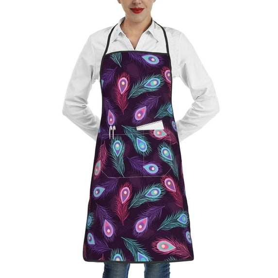 Disketp Peacock Feathers3 Kitchen Apron with adjustable Aprons for Women with Pockets Cooking Powder Pink Apron