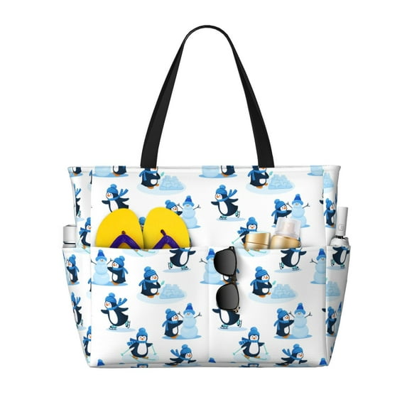 Disketp Penguin Winter Fun Large Capacity Beach Bag, Waterproof Sandproof Beach Swim Pool Bag Tote Bag for Women