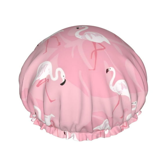 Disketp Pink Flamingos And Flowers Shower Caps,Reusable Shower Cap For Women, Double Layer Waterproof Hair Cap, Large Size For All Hair Lengths,For Girls Spa Home Salon Use