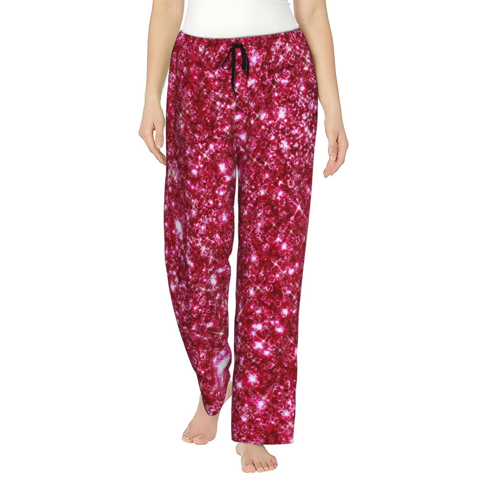 Disketp Pink Glitter Print Women'S Comfy Pajama Pants Casual Drawstring ...