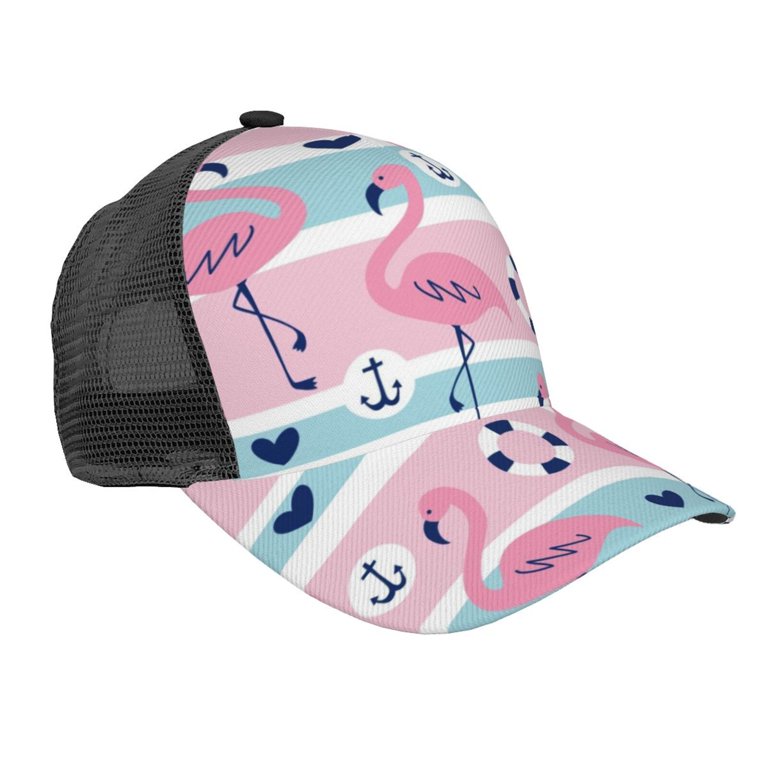 Disketp Pink Striped Flamingo Print Trucker Hat Men Women  display picture 3