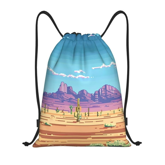 Disketp Pixel Desert Landscape Drawstring Backpack Drawstring Gym Bags Draw String Bags for Sports, Gym, Travel, Swimming, Beach-Small