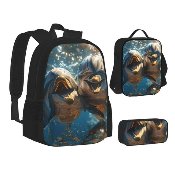 Disketp Playful Dolphins Underwater Large Capacity Backpack Lunch Bag Pencil Case Combination 3 Piece Set for Student