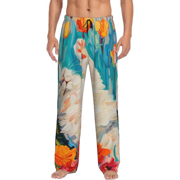Disketp Playful Floral Cat Men's Pajama Pants - Ultra Soft Fleece Sleep and Lounge Pants (Size: S-XXL)-Medium