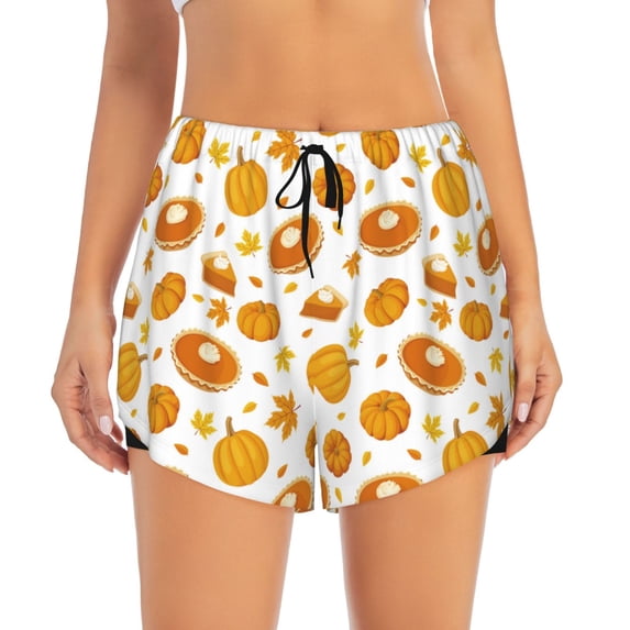 Disketp Pumpkin Maple Leaves Print Women's Shorts Workout Shorts for Athletic Gym Running Shorts with Phone Pockets X-Large