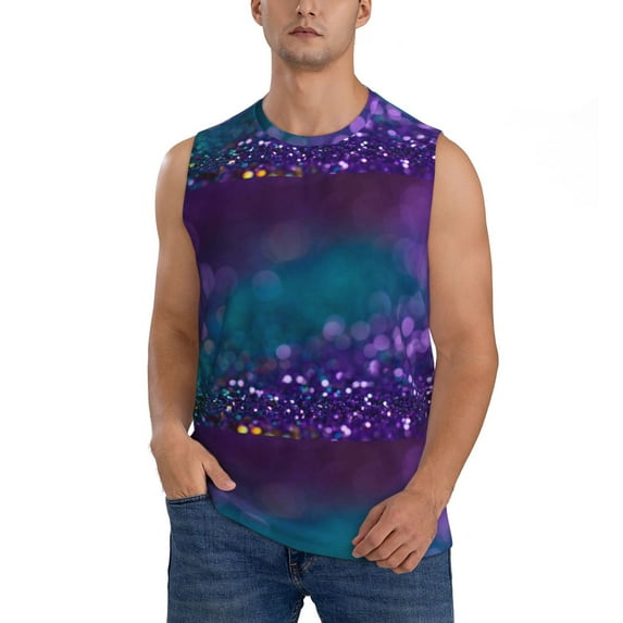 Disketp Purple And Green Glitter Sleeveless Tshirts For Men, Muscle Shirts For Men Dry Fit Tank Top-Large