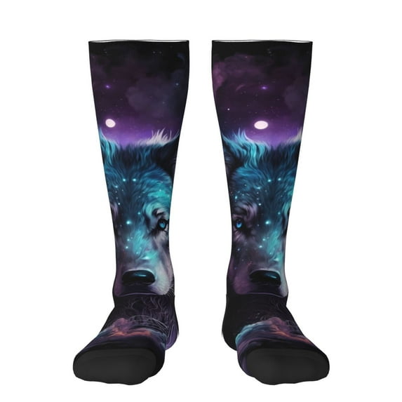 Disketp Purple Sky Wolf Print Unisex Contrast Color Stockings Lightweight Breathable Ventilation Ankle Contrast Color Stockings, Contrast Color Stockings for Daily