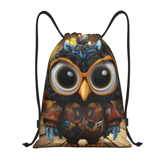 Disketp Quirky Owl With Glasses Drawstring Backpack Drawstring Gym Bags Draw String Bags for Sports, Gym, Travel, Swimming, Beach-Small