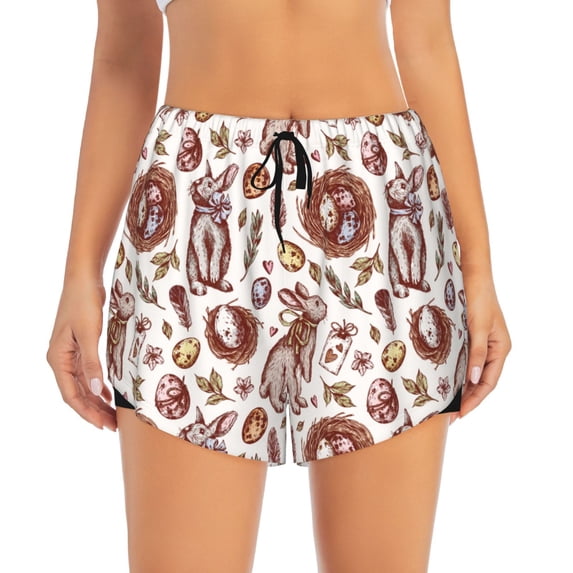 Disketp Rabbit And Egg Print Women's Shorts Workout Shorts for Athletic Gym Running Shorts with Phone Pockets Small