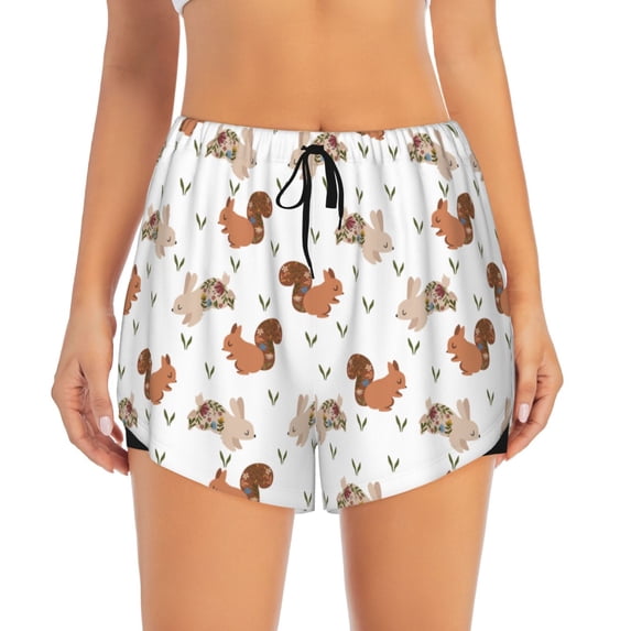 Disketp Rabbit And Squirrel Print Women's Shorts Workout Shorts for Athletic Gym Running Shorts with Phone Pockets Small
