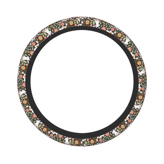 Disketp Rabbits on Floral Elastic Microfiber Steering Wheel Cover for Truck,SUV,Cars,Universal 15 inch,Anti-Slip