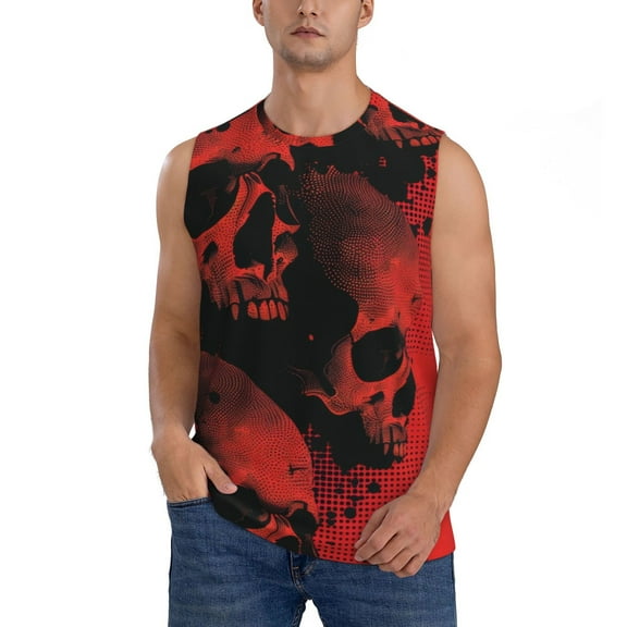 Disketp Red And Black Abstract Skull Sleeveless Tshirts for Men, Muscle Shirts for Men Dry Fit Tank Top-X-Large