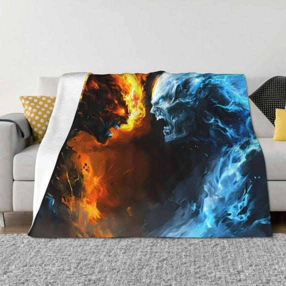 Disketp Red And Blue Fire Skull Warrior Flannel Blankets - Thick and Warm Blanket for Winter, Soft Fuzzy Plush King Blanket for All Seasons40"x30"