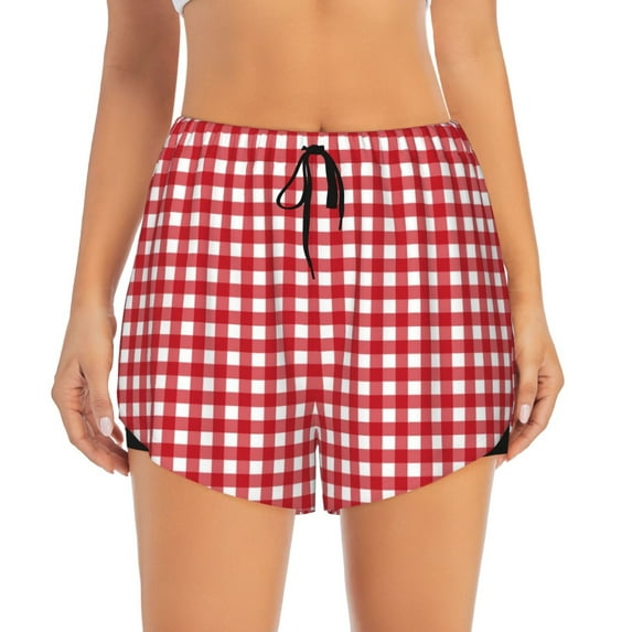 Disketp Red Checkboard Print Women's Shorts Workout Shorts for Athletic Gym Running Shorts with Phone Pockets Large