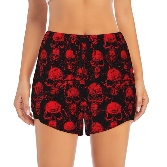 Disketp Red Skulls Print Women's Shorts Workout Shorts for Athletic Gym Running Shorts with Phone Pockets Medium