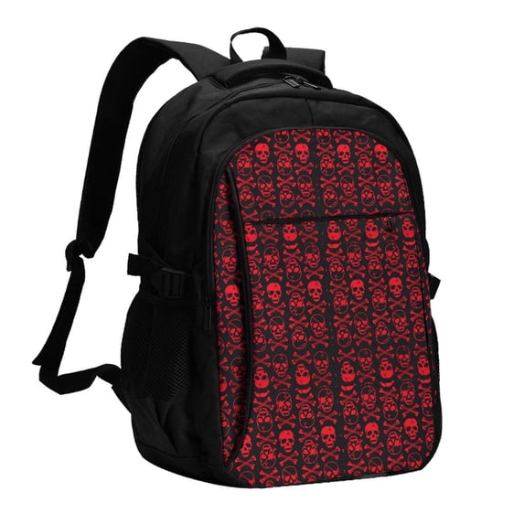 Disketp Red Skulls With Crossbones Travel Laptop Backpack, Laptops Backpack with USB Charging Port, Water Resistant Computer Bag Gift for Men & Women
