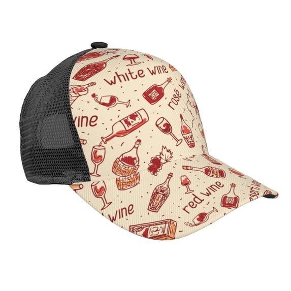 Disketp Red Wine Print Trucker Hat Men Women - Mesh Baseball SnapBack Cap